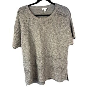 J. Jill Short Sleeve Pointelle Loose Knit Sweater Gray Blue SZ L Minimalist